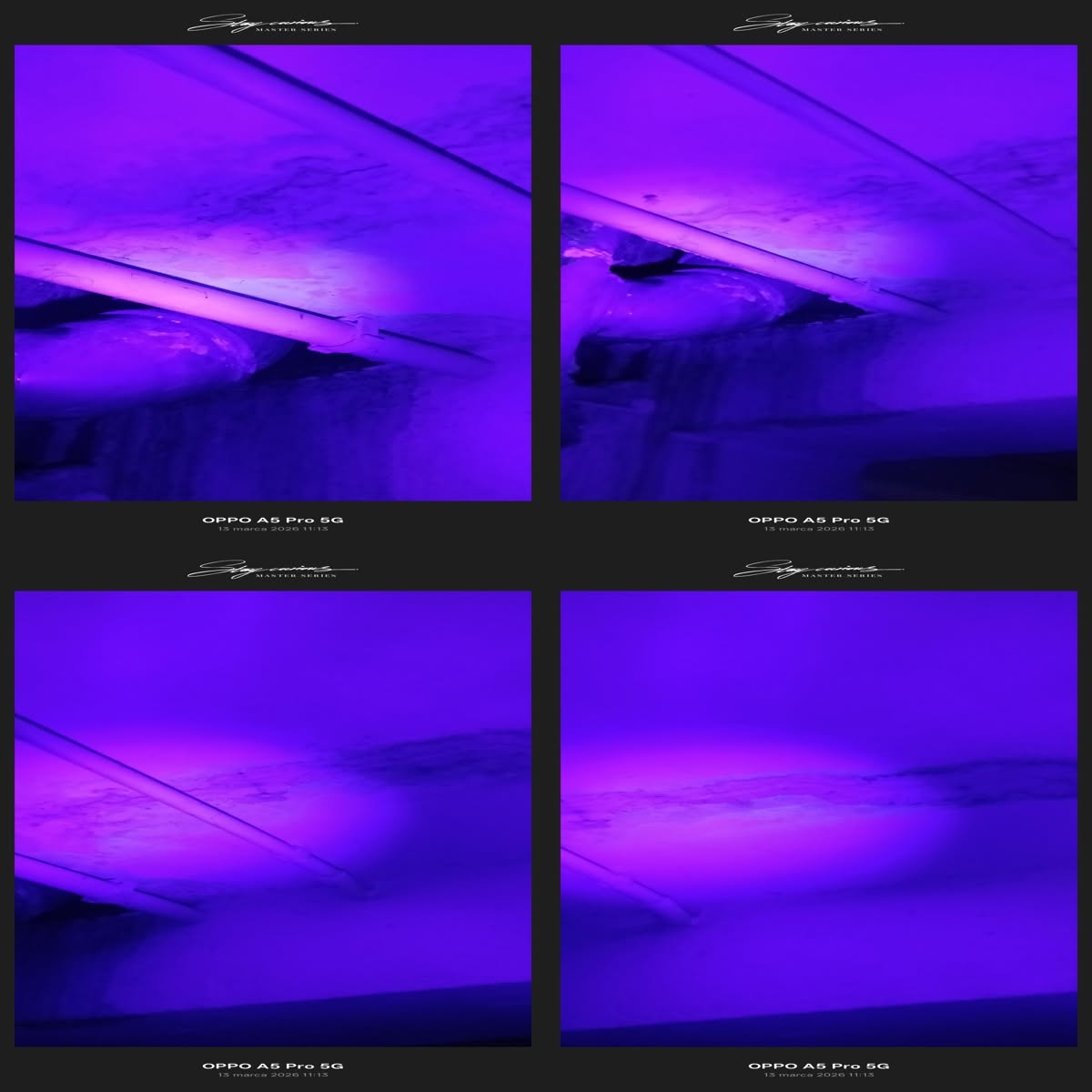 Zdjęcia z badania przecieku wykonane w świetle UV