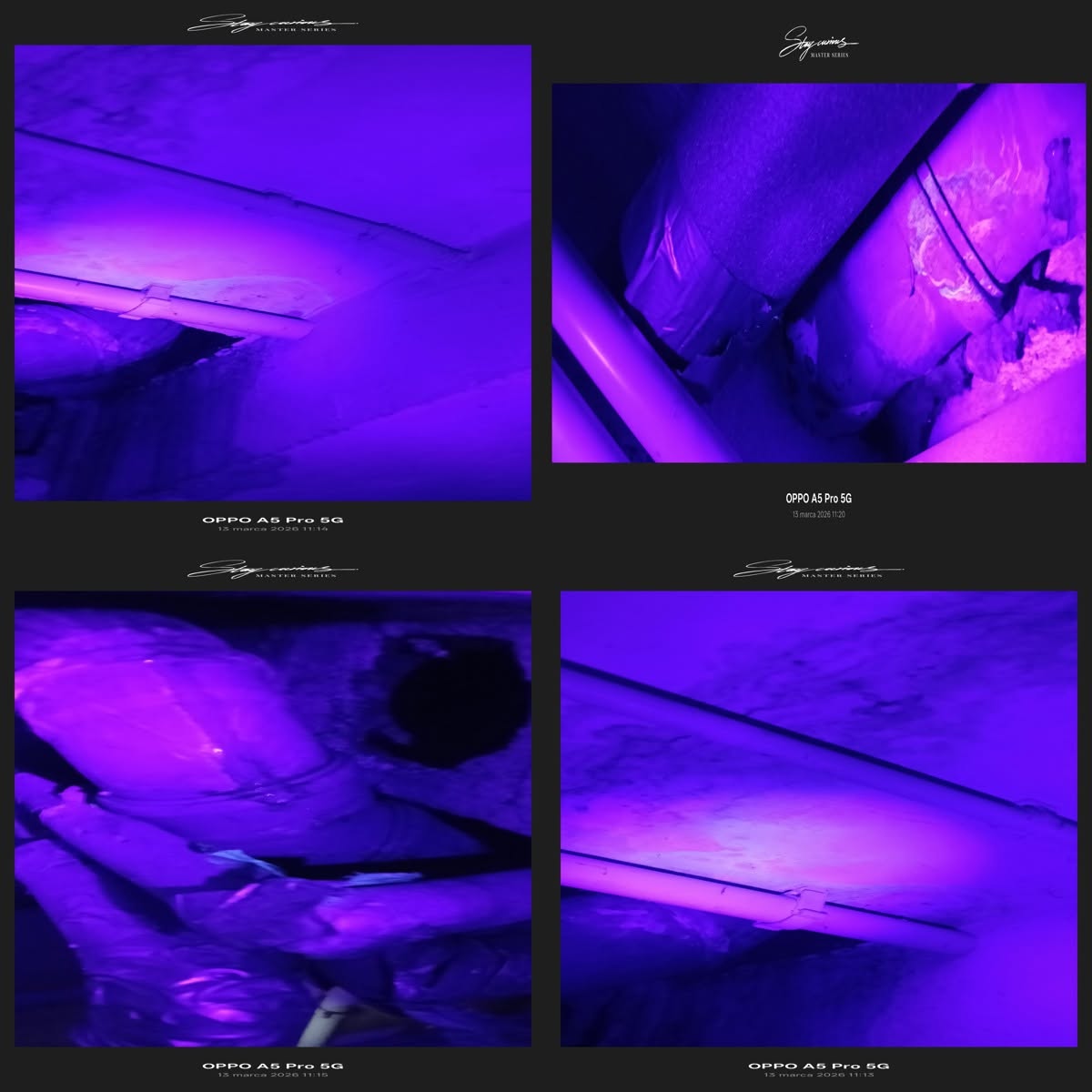 Dokumentacja fotograficzna lokalizacji przecieku w świetle UV