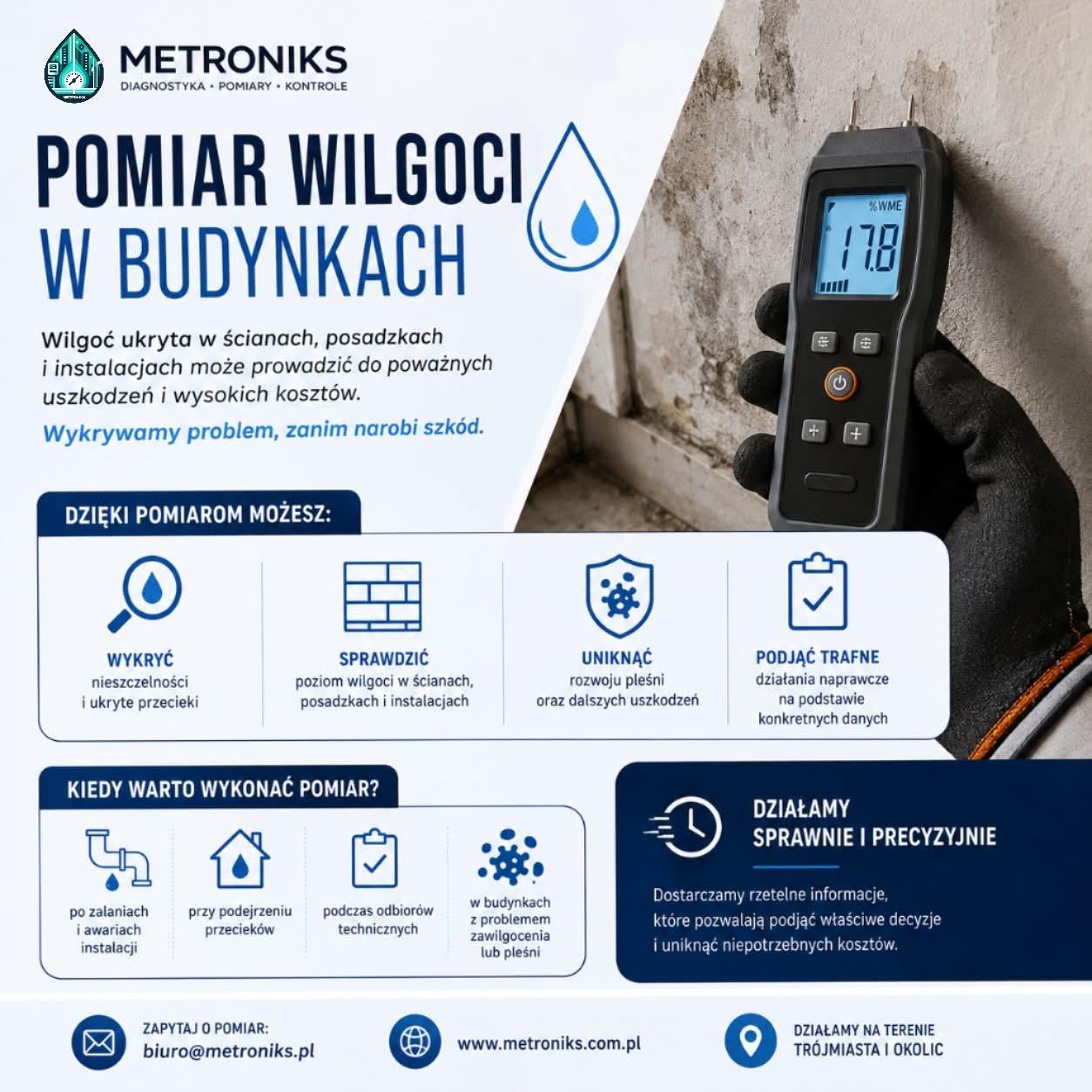 Pomiar wilgotności ściany miernikiem podczas diagnostyki budynku